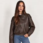 Brown PU Jacket Oversized Funnel Neck