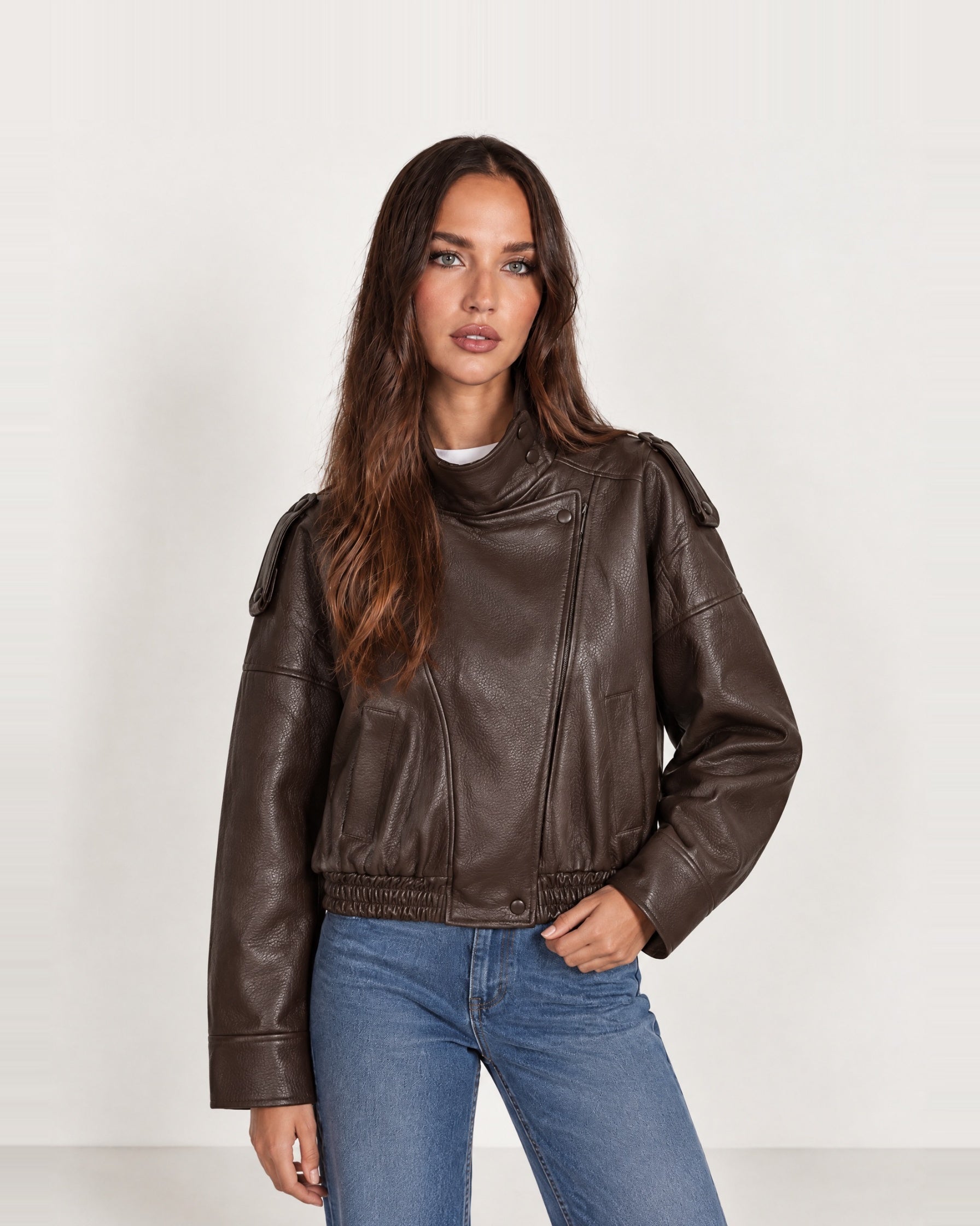 Brown PU Jacket Oversized Funnel Neck