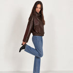Brown PU Jacket Oversized Funnel Neck