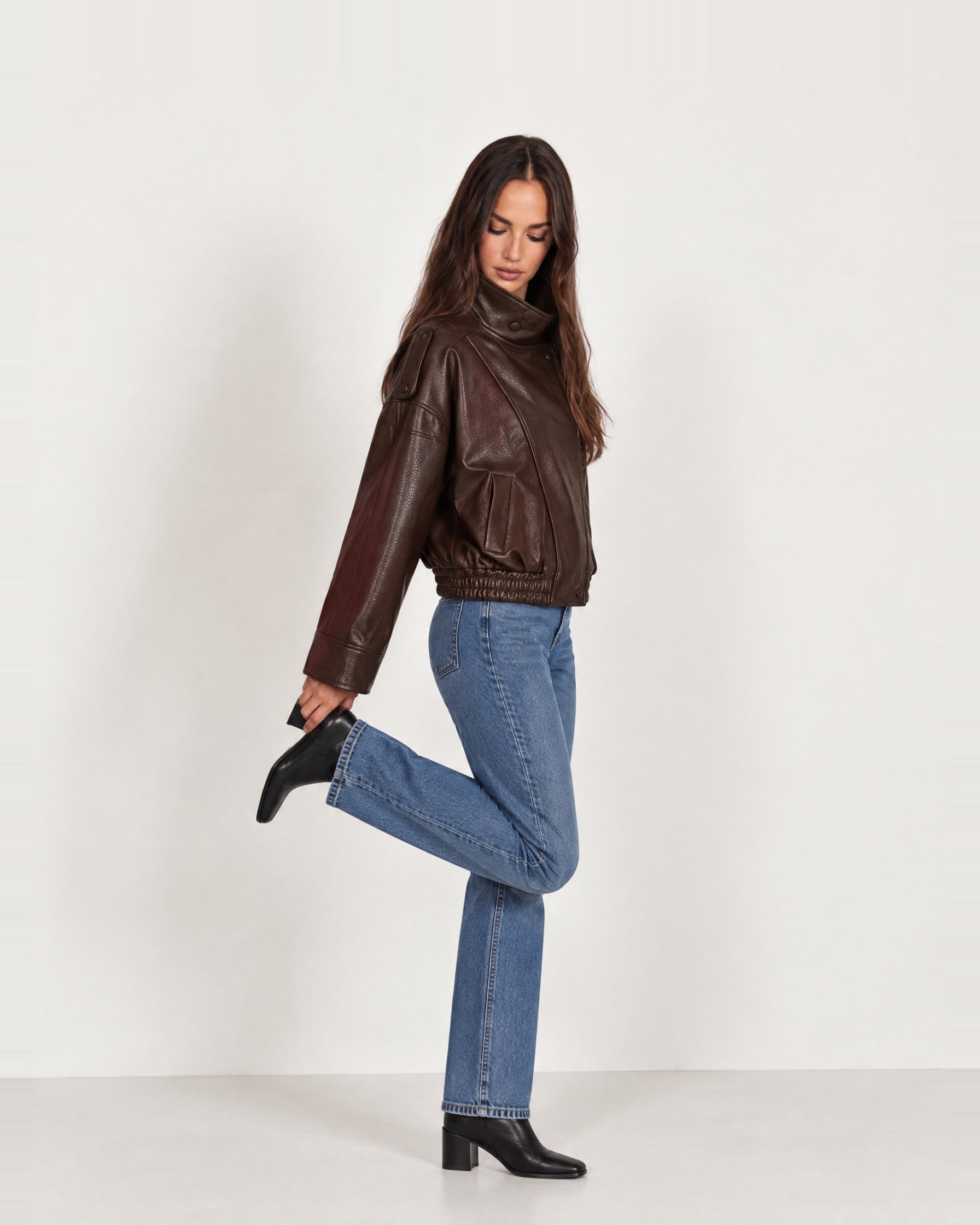 Brown PU Jacket Oversized Funnel Neck