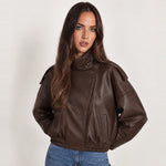 Brown PU Jacket Oversized Funnel Neck