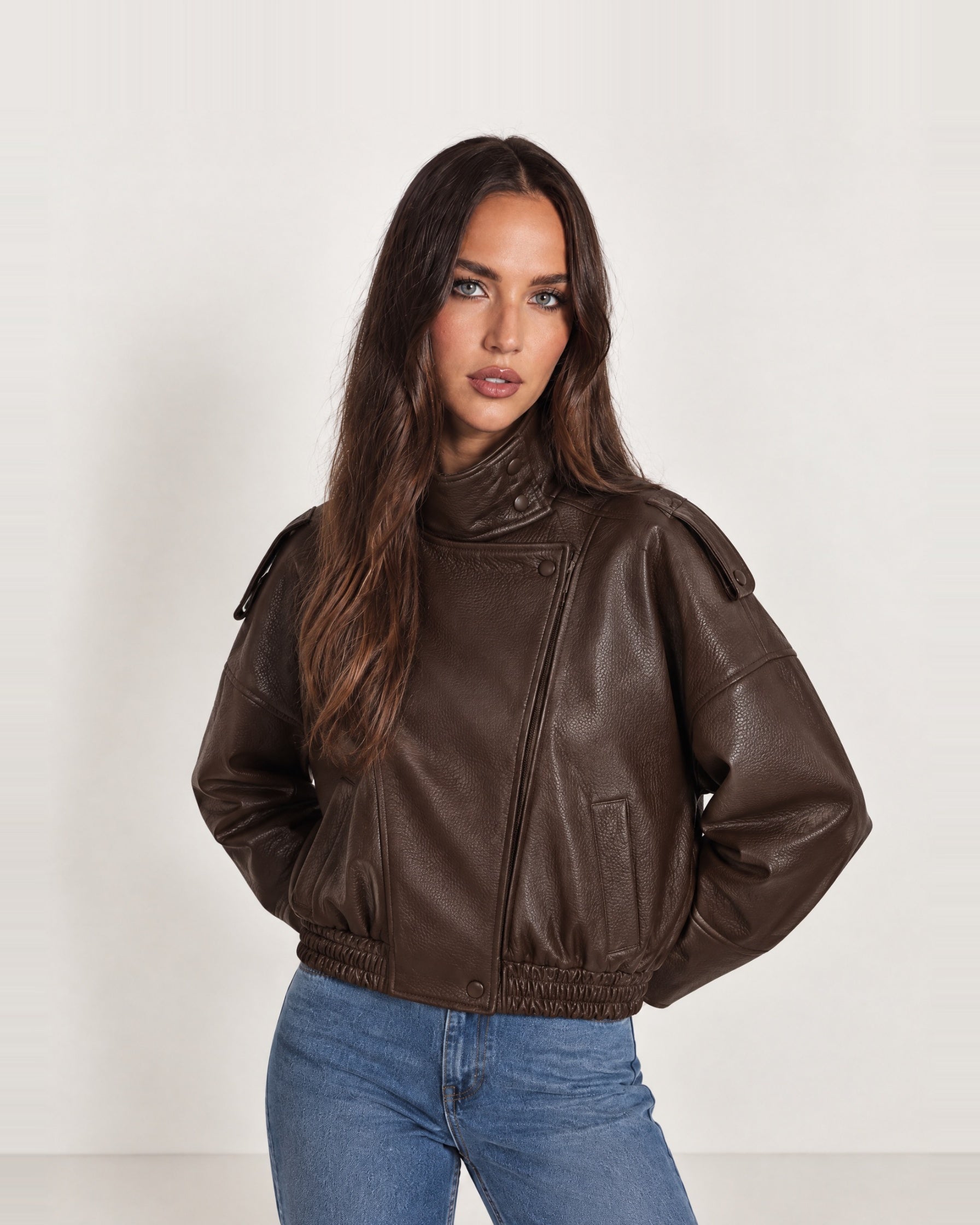 Brown PU Jacket Oversized Funnel Neck