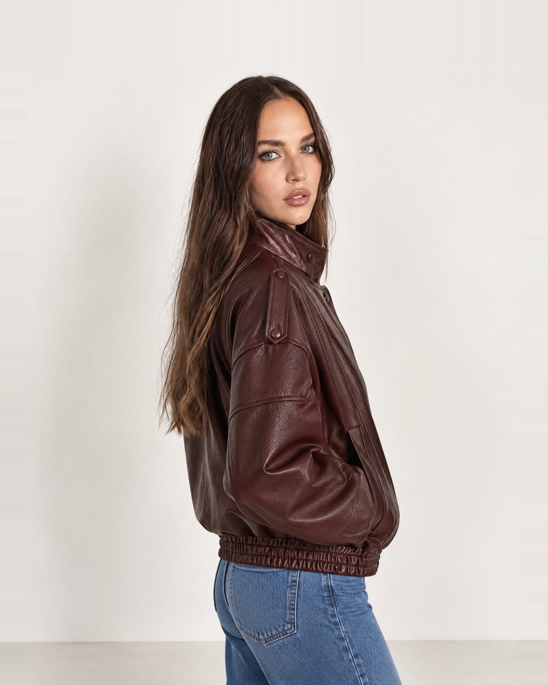 Burgundy PU Jacket Oversized Funnel Neck