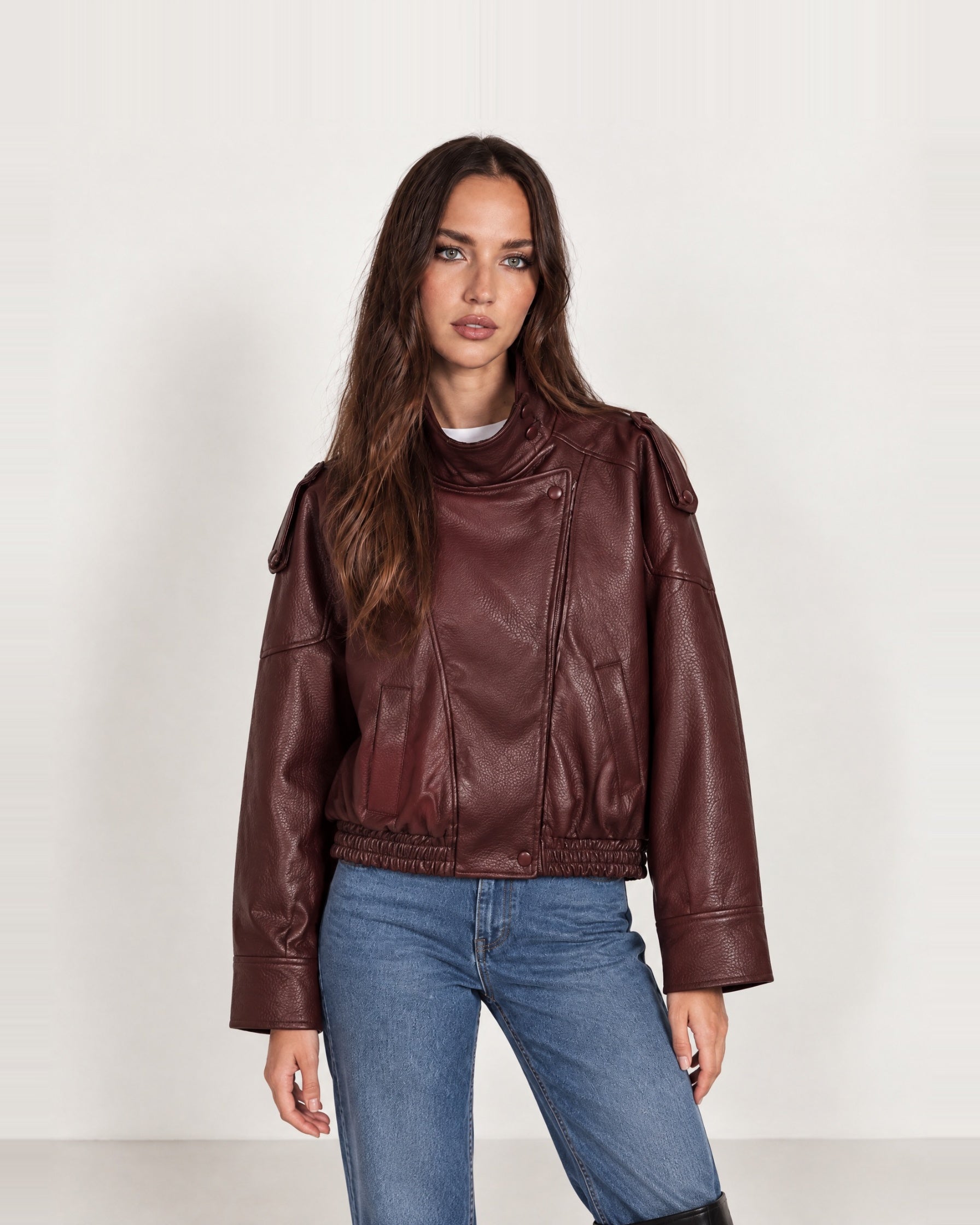 Burgundy PU Jacket Oversized Funnel Neck