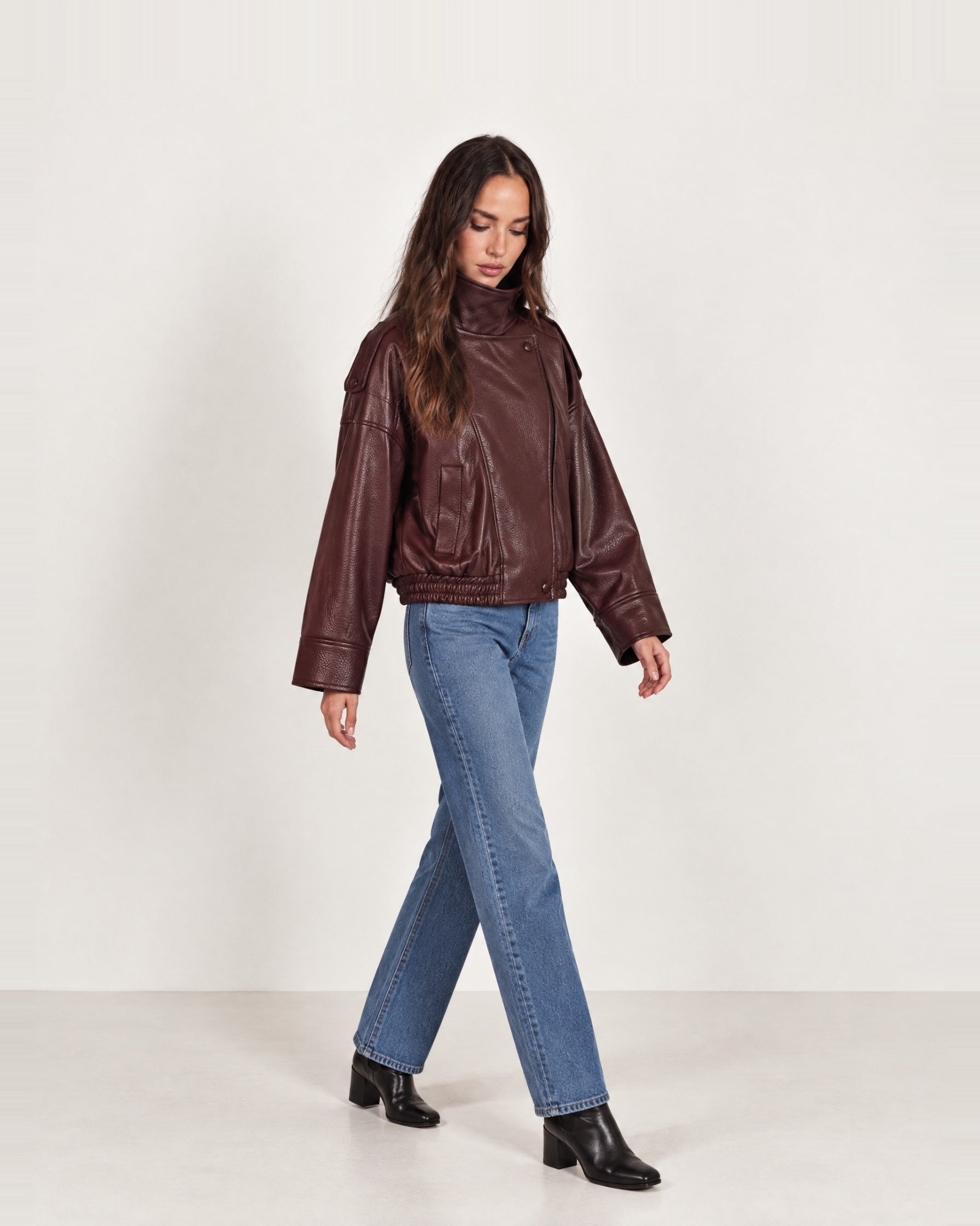 Burgundy PU Jacket Oversized Funnel Neck