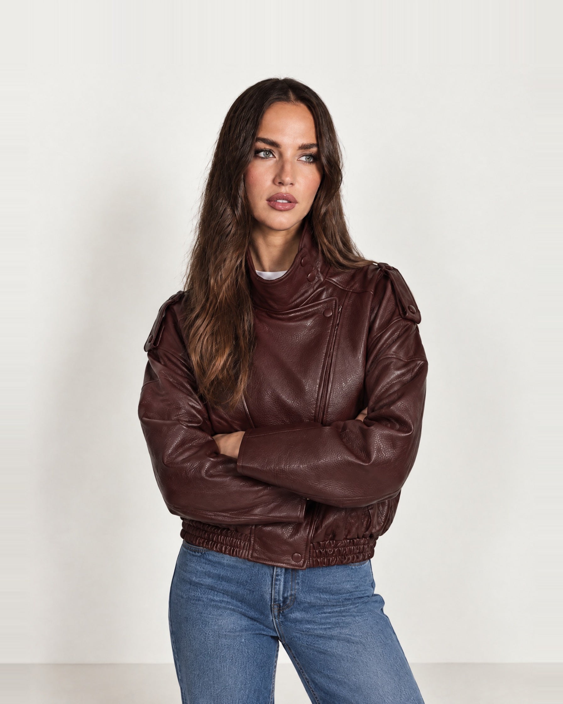 Burgundy PU Jacket Oversized Funnel Neck