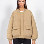 Beige Quilted Jacket Oversized Bomber Jacket with Ribbed Collar and Snap Front