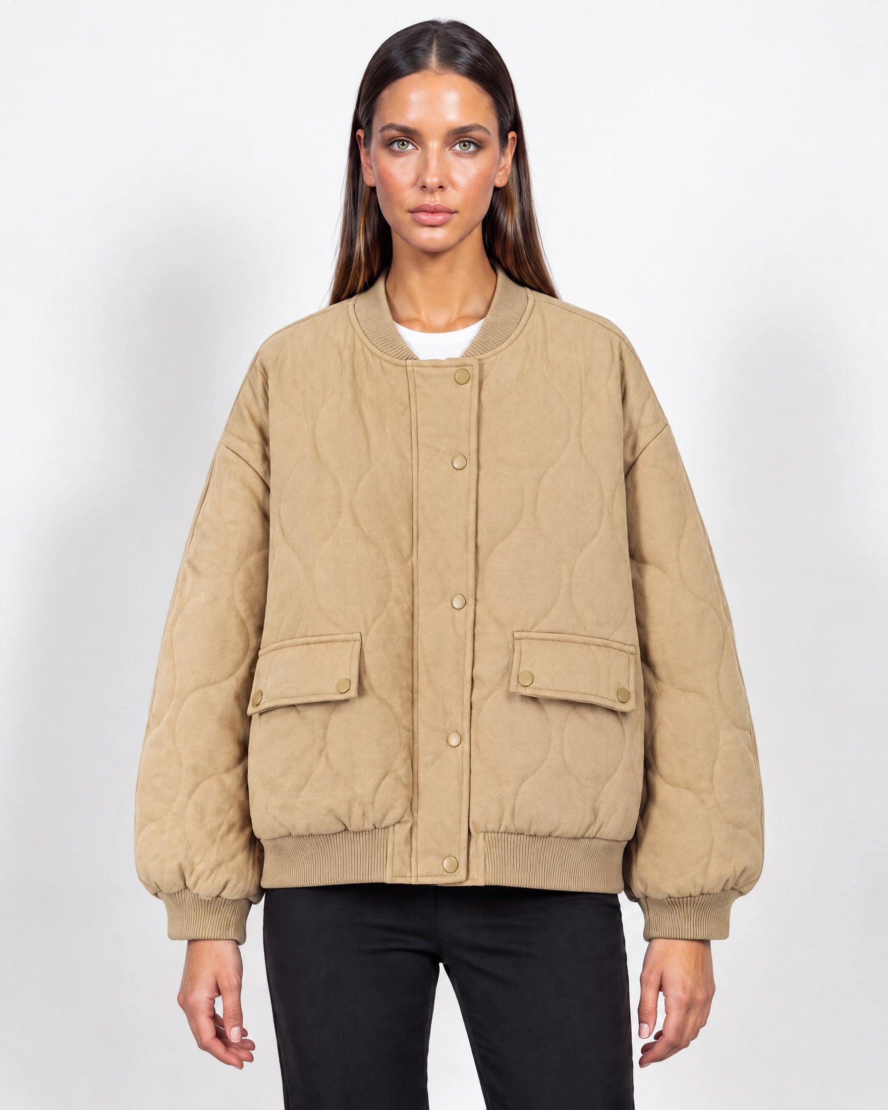 Beige Quilted Jacket Oversized Bomber Jacket with Ribbed Collar and Snap Front
