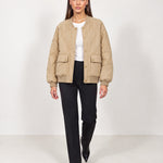 Beige Quilted Jacket Oversized Bomber Jacket with Ribbed Collar and Snap Front
