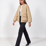 Beige Quilted Jacket Oversized Bomber Jacket with Ribbed Collar and Snap Front