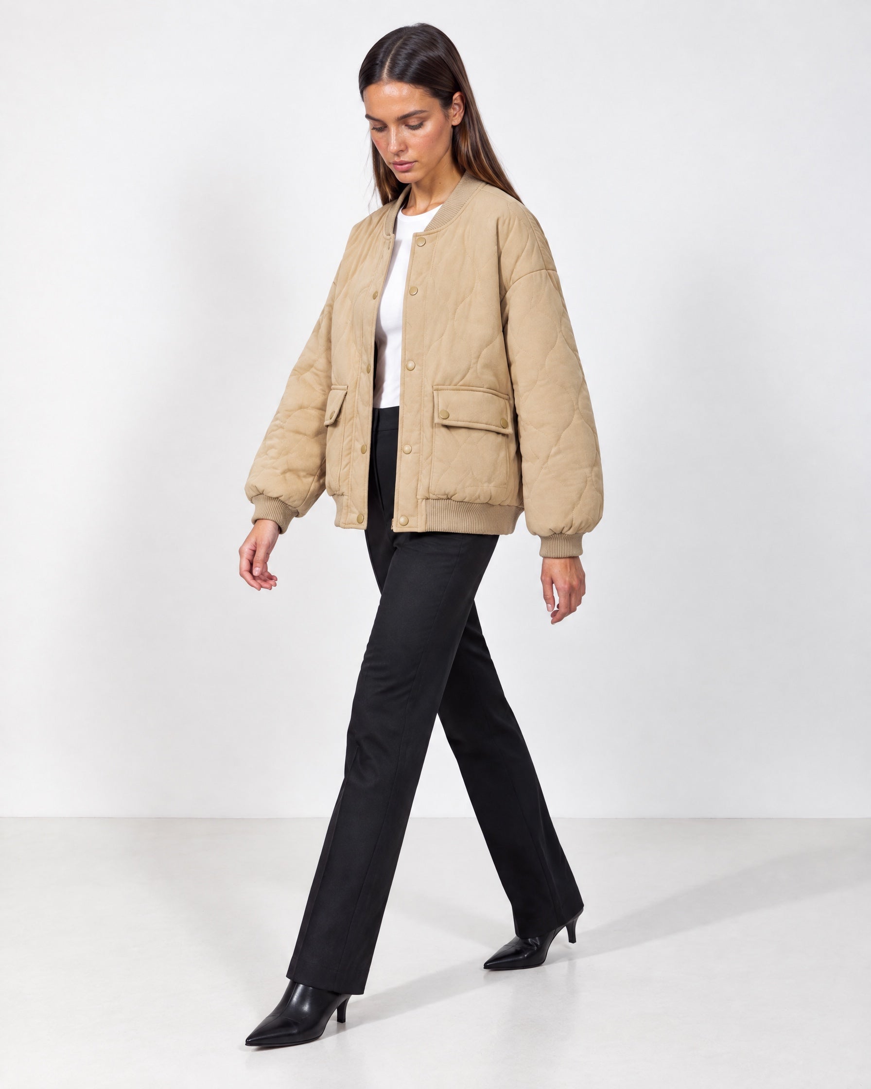 Beige Quilted Jacket Oversized Bomber Jacket with Ribbed Collar and Snap Front