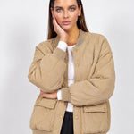Beige Quilted Jacket Oversized Bomber Jacket with Ribbed Collar and Snap Front