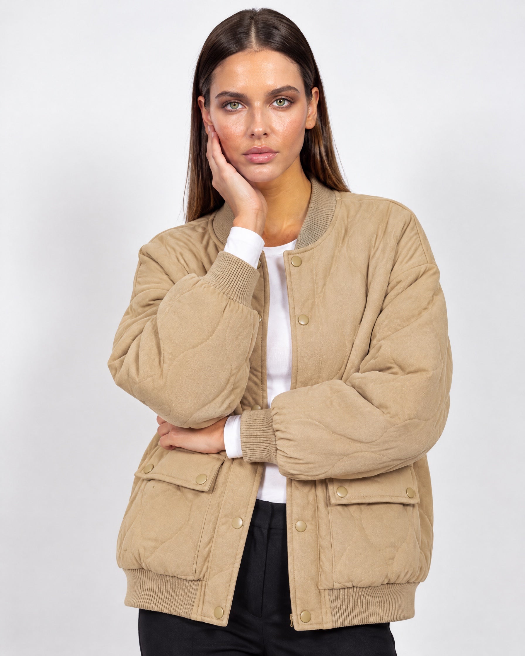 Beige Quilted Jacket Oversized Bomber Jacket with Ribbed Collar and Snap Front