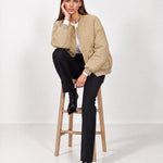 Beige Quilted Jacket Oversized Bomber Jacket with Ribbed Collar and Snap Front