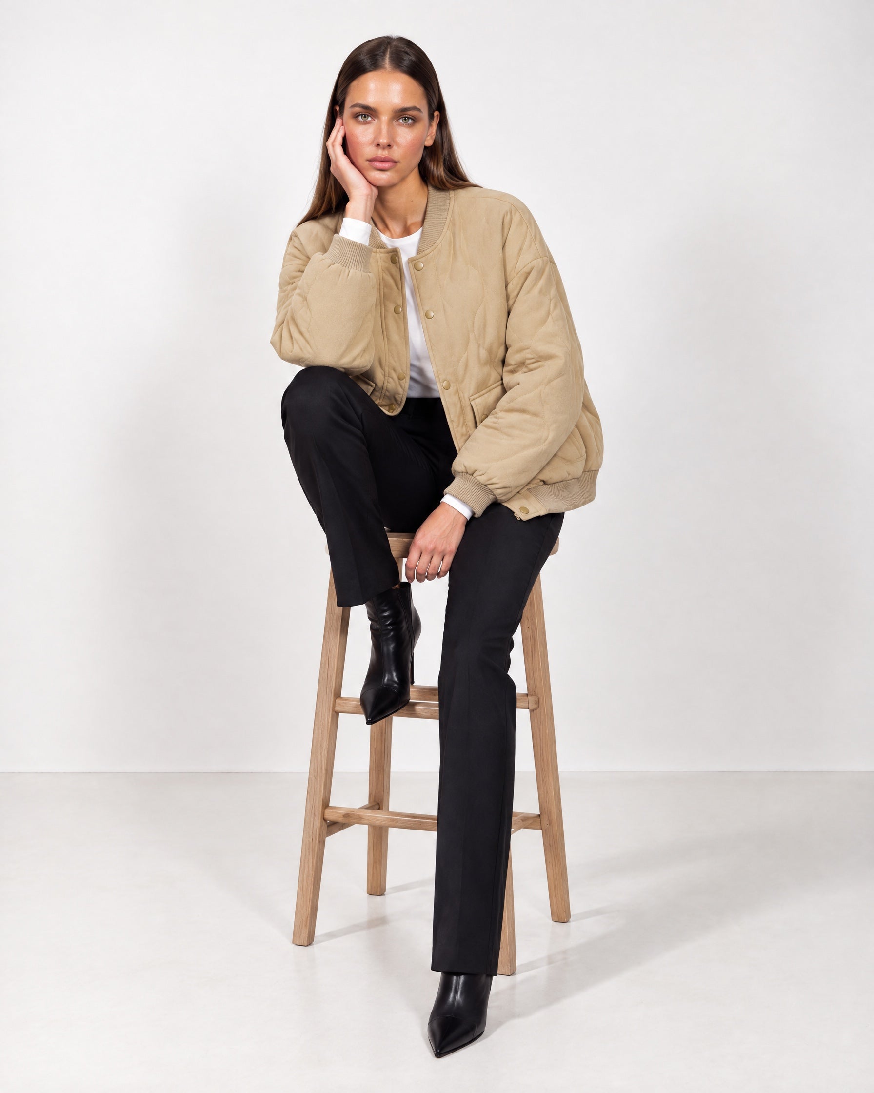 Beige Quilted Jacket Oversized Bomber Jacket with Ribbed Collar and Snap Front