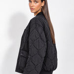 Black Quilted Jacket Oversized Bomber Jacket with Ribbed Collar and Snap Front