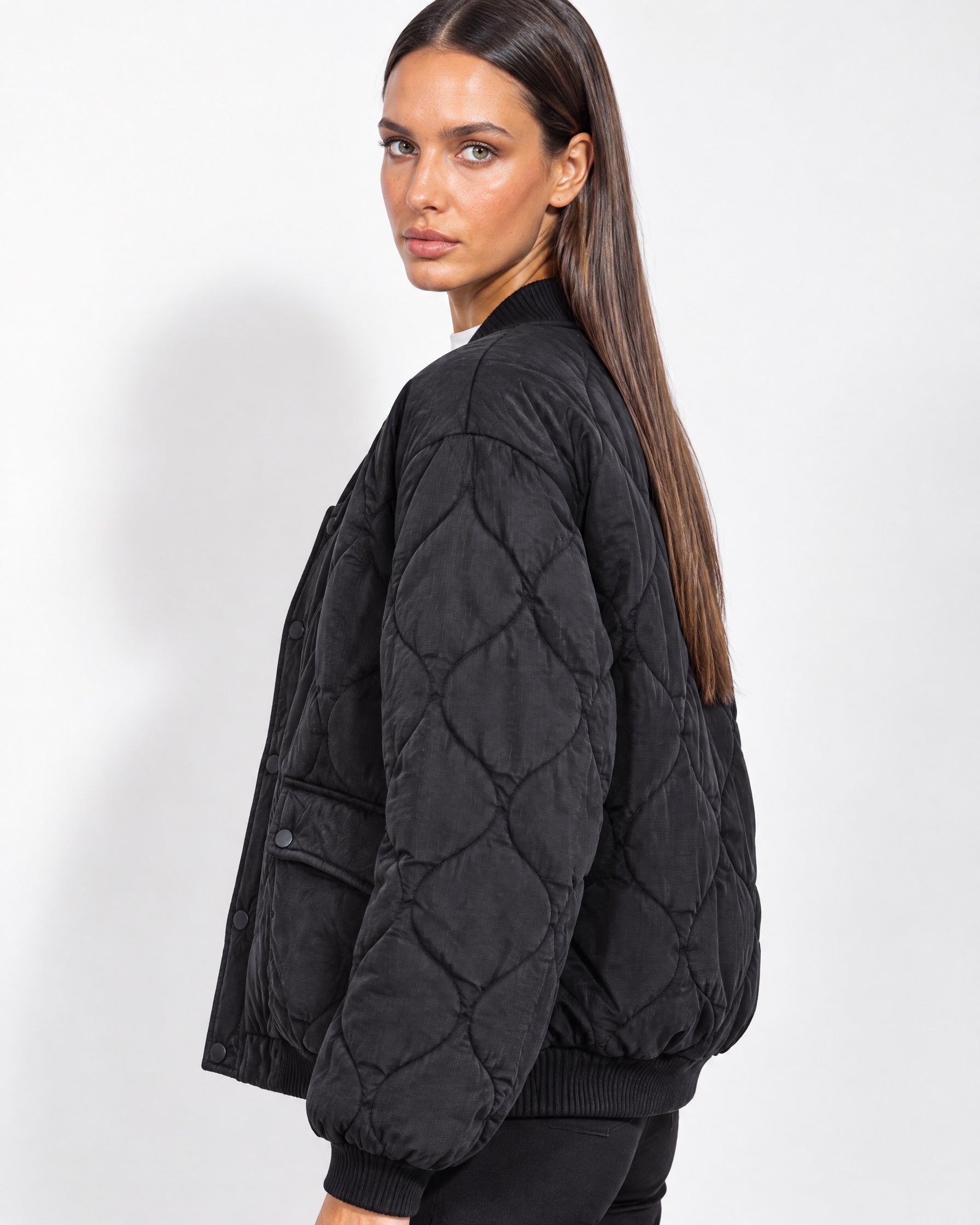 Black Quilted Jacket Oversized Bomber Jacket with Ribbed Collar and Snap Front