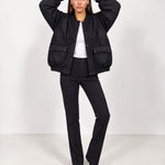 Black Quilted Jacket Oversized Bomber Jacket with Ribbed Collar and Snap Front