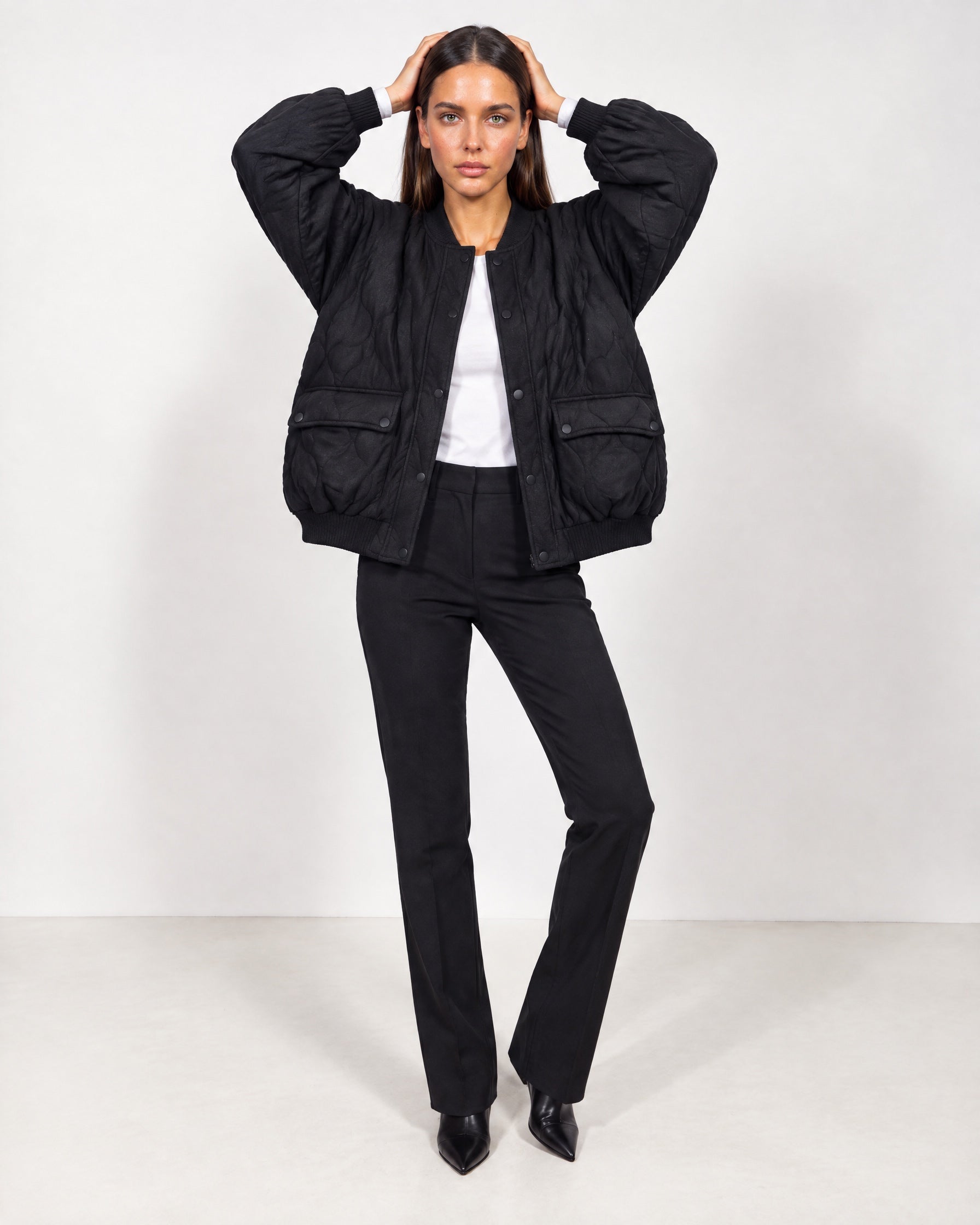 Black Quilted Jacket Oversized Bomber Jacket with Ribbed Collar and Snap Front