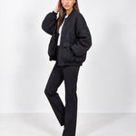 Black Quilted Jacket Oversized Bomber Jacket with Ribbed Collar and Snap Front