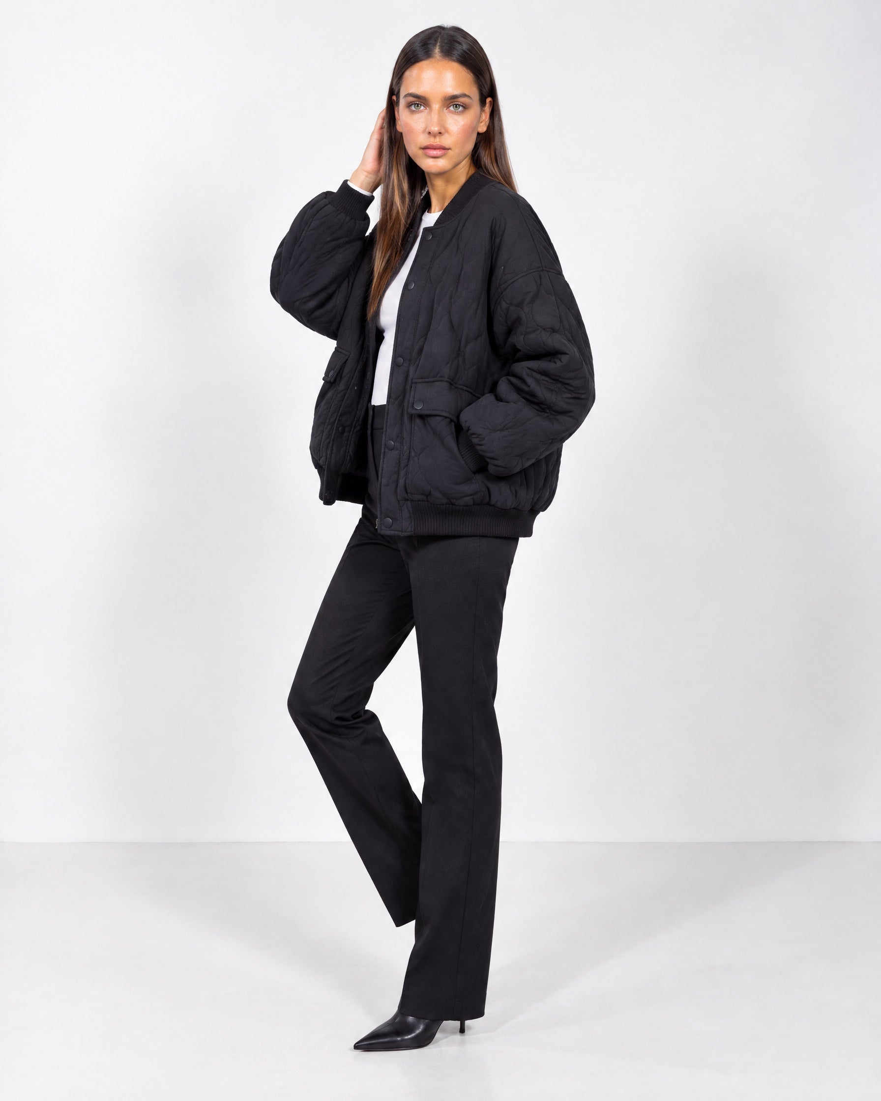 Black Quilted Jacket Oversized Bomber Jacket with Ribbed Collar and Snap Front