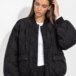 Black Quilted Jacket Oversized Bomber Jacket with Ribbed Collar and Snap Front