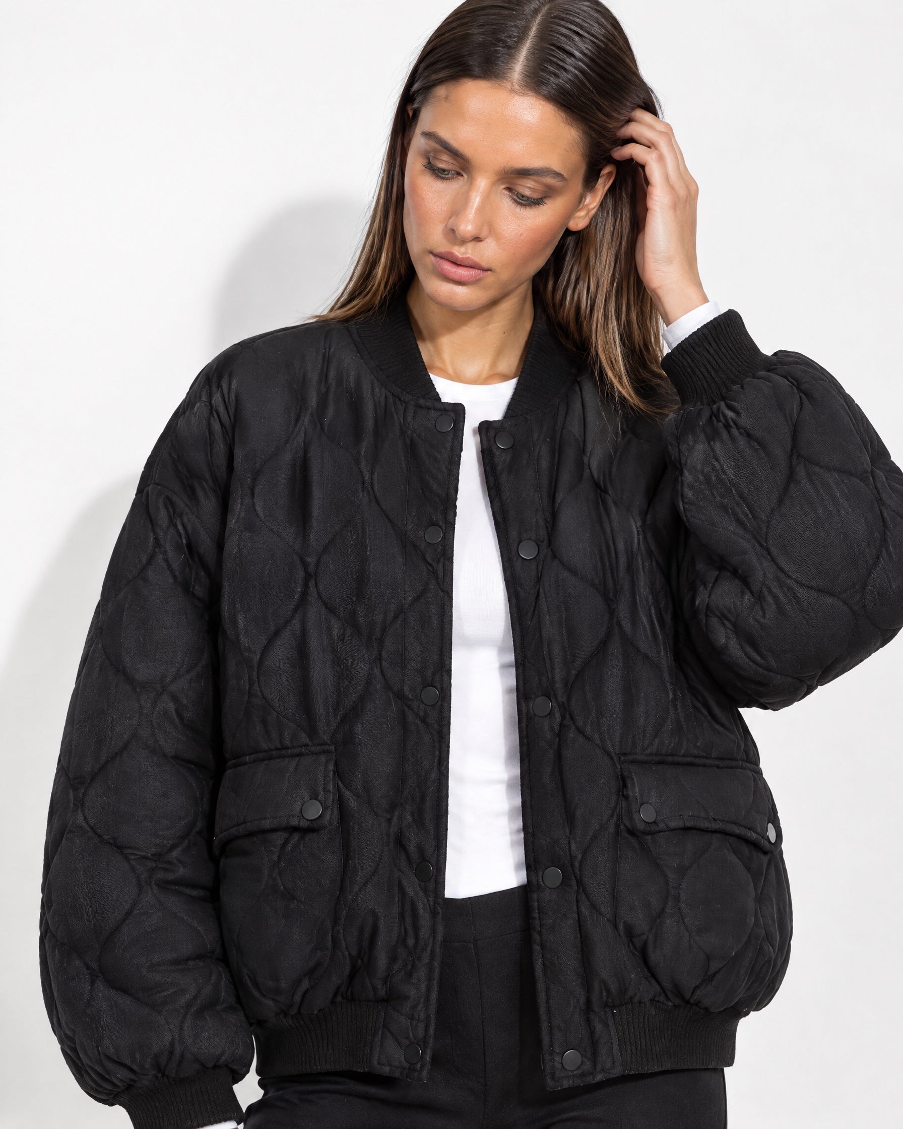 Black Quilted Jacket Oversized Bomber Jacket with Ribbed Collar and Snap Front