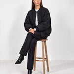 Black Quilted Jacket Oversized Bomber Jacket with Ribbed Collar and Snap Front