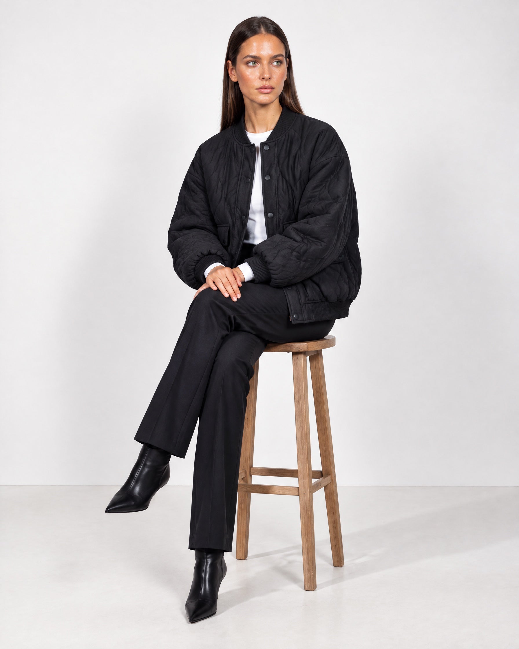 Black Quilted Jacket Oversized Bomber Jacket with Ribbed Collar and Snap Front
