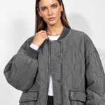 Grey Quilted Jacket Oversized Bomber Jacket with Ribbed Collar and Snap Front