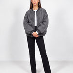 Grey Quilted Jacket Oversized Bomber Jacket with Ribbed Collar and Snap Front
