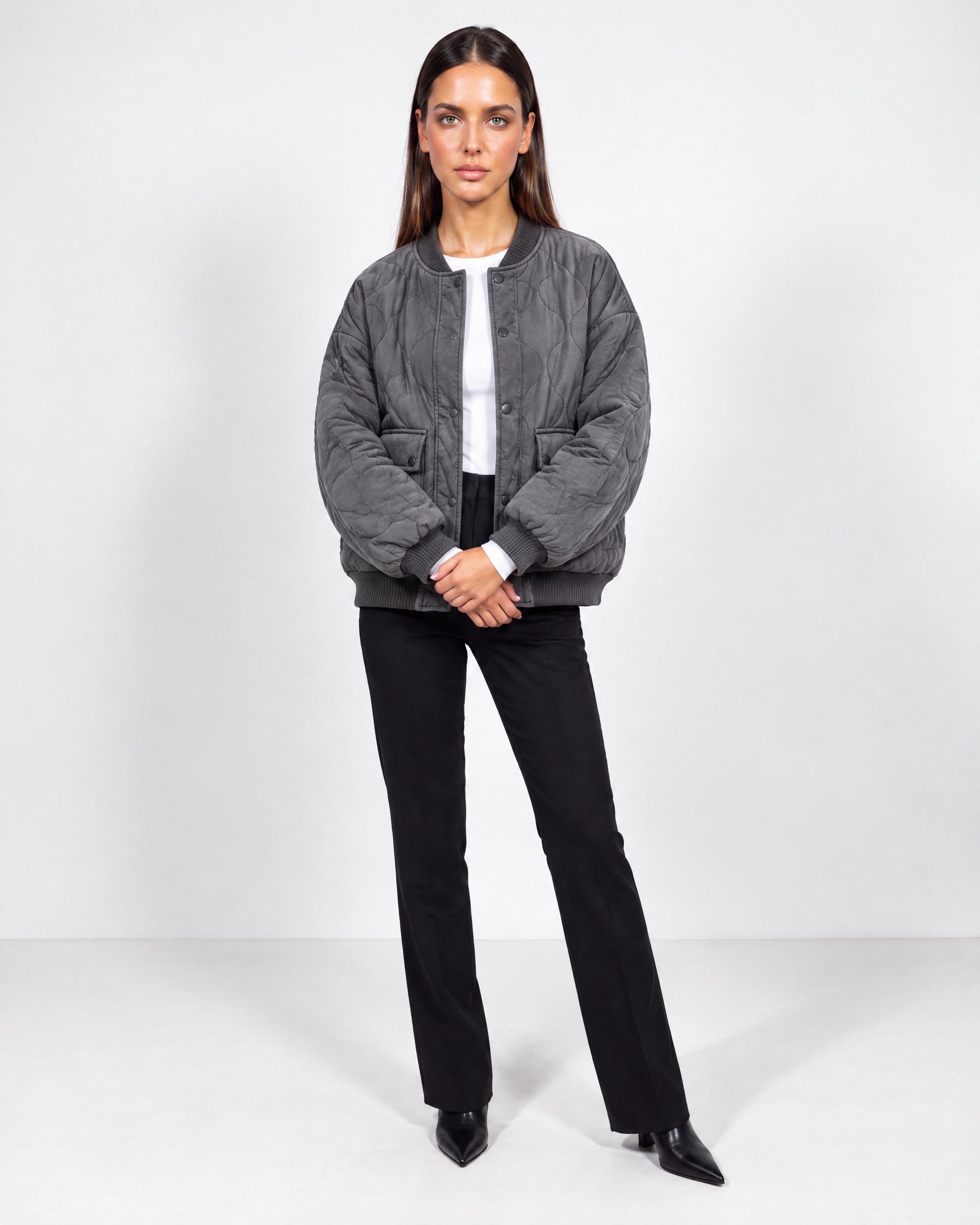 Grey Quilted Jacket Oversized Bomber Jacket with Ribbed Collar and Snap Front