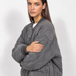 Grey Quilted Jacket Oversized Bomber Jacket with Ribbed Collar and Snap Front