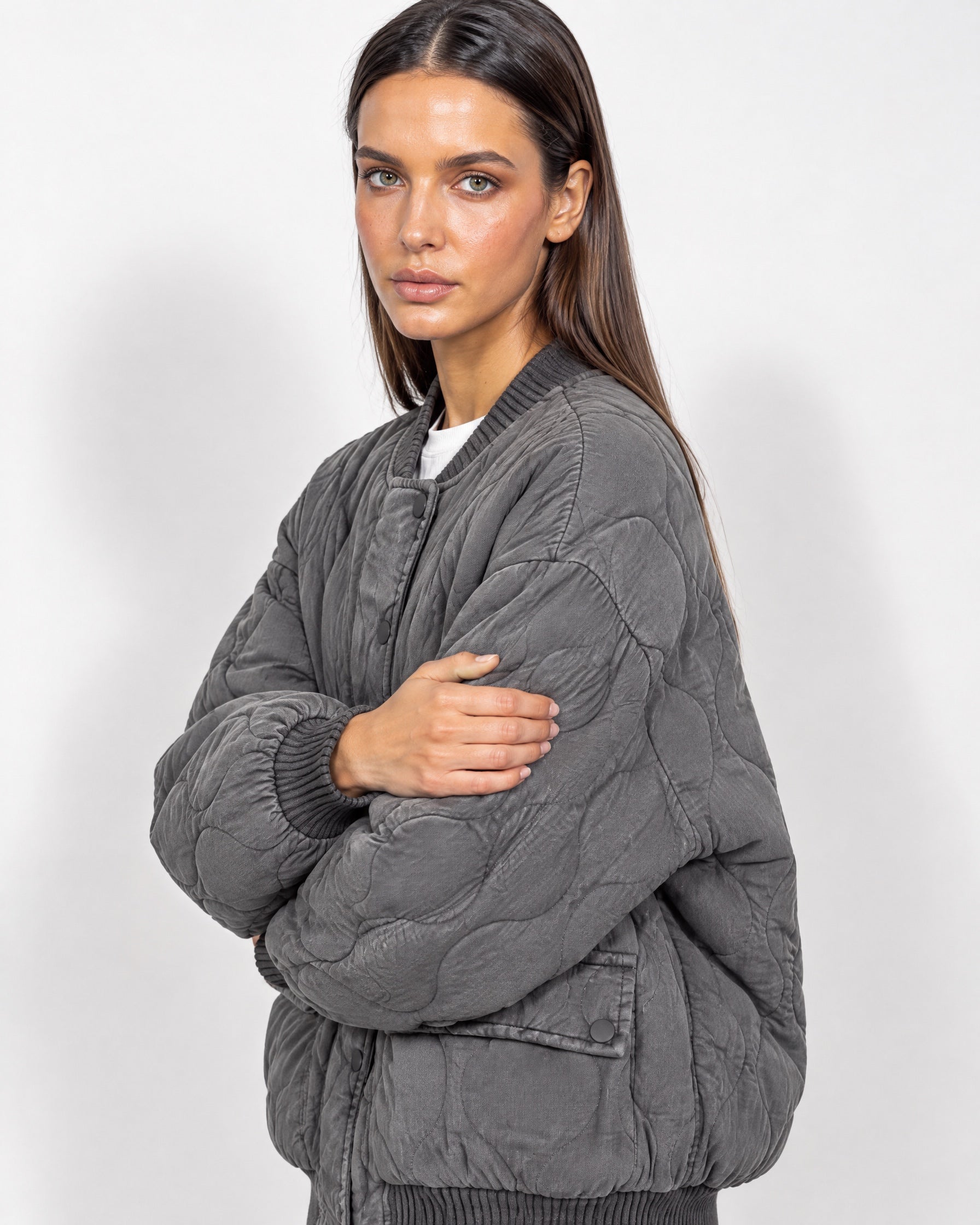 Grey Quilted Jacket Oversized Bomber Jacket with Ribbed Collar and Snap Front