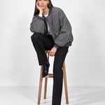 Grey Quilted Jacket Oversized Bomber Jacket with Ribbed Collar and Snap Front