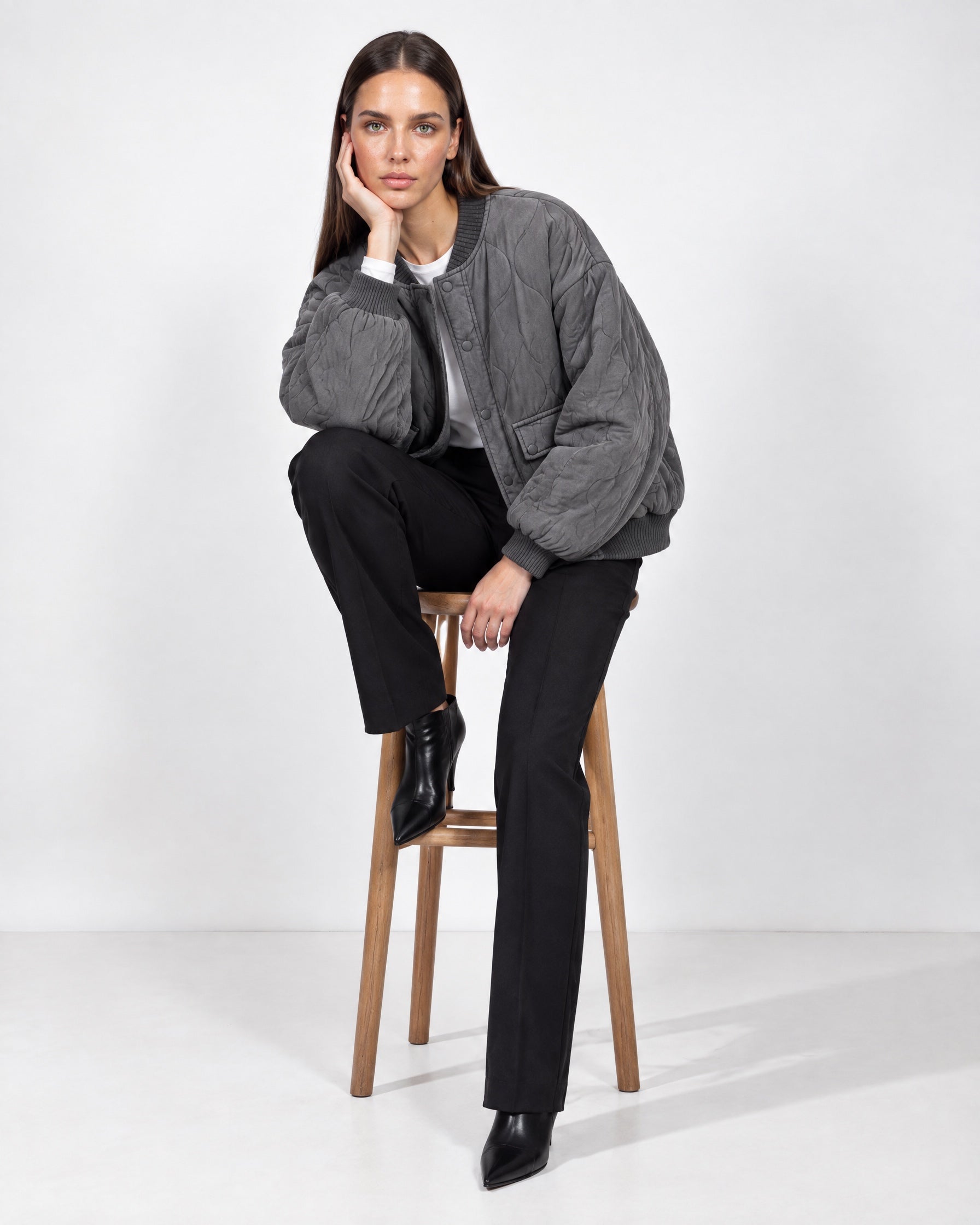 Grey Quilted Jacket Oversized Bomber Jacket with Ribbed Collar and Snap Front