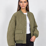 Khaki Quilted Jacket Oversized Bomber Jacket with Ribbed Collar and Snap Front