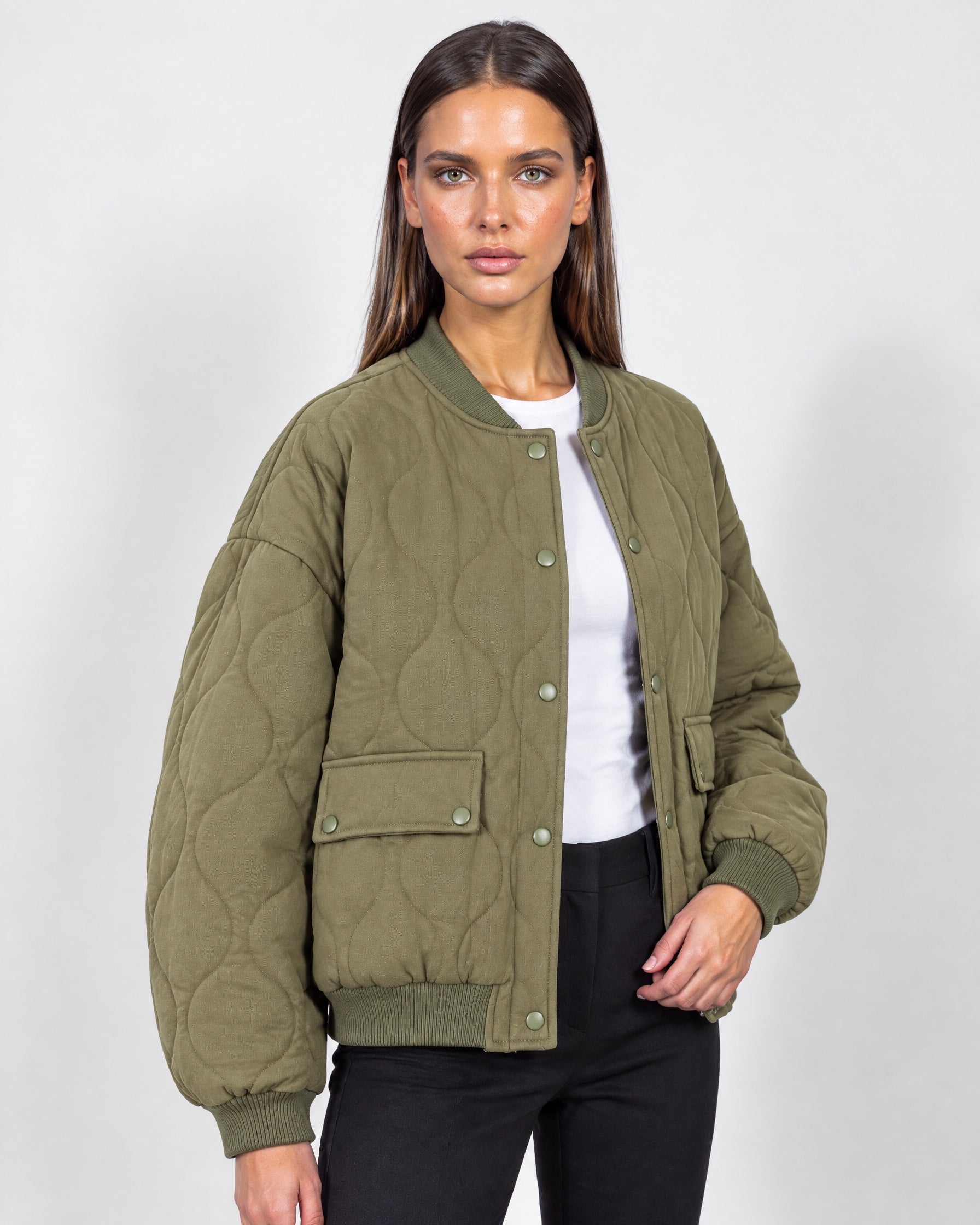 Khaki Quilted Jacket Oversized Bomber Jacket with Ribbed Collar and Snap Front