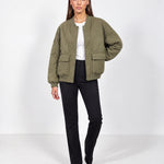 Khaki Quilted Jacket Oversized Bomber Jacket with Ribbed Collar and Snap Front