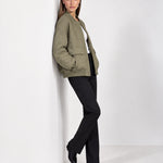 Khaki Quilted Jacket Oversized Bomber Jacket with Ribbed Collar and Snap Front
