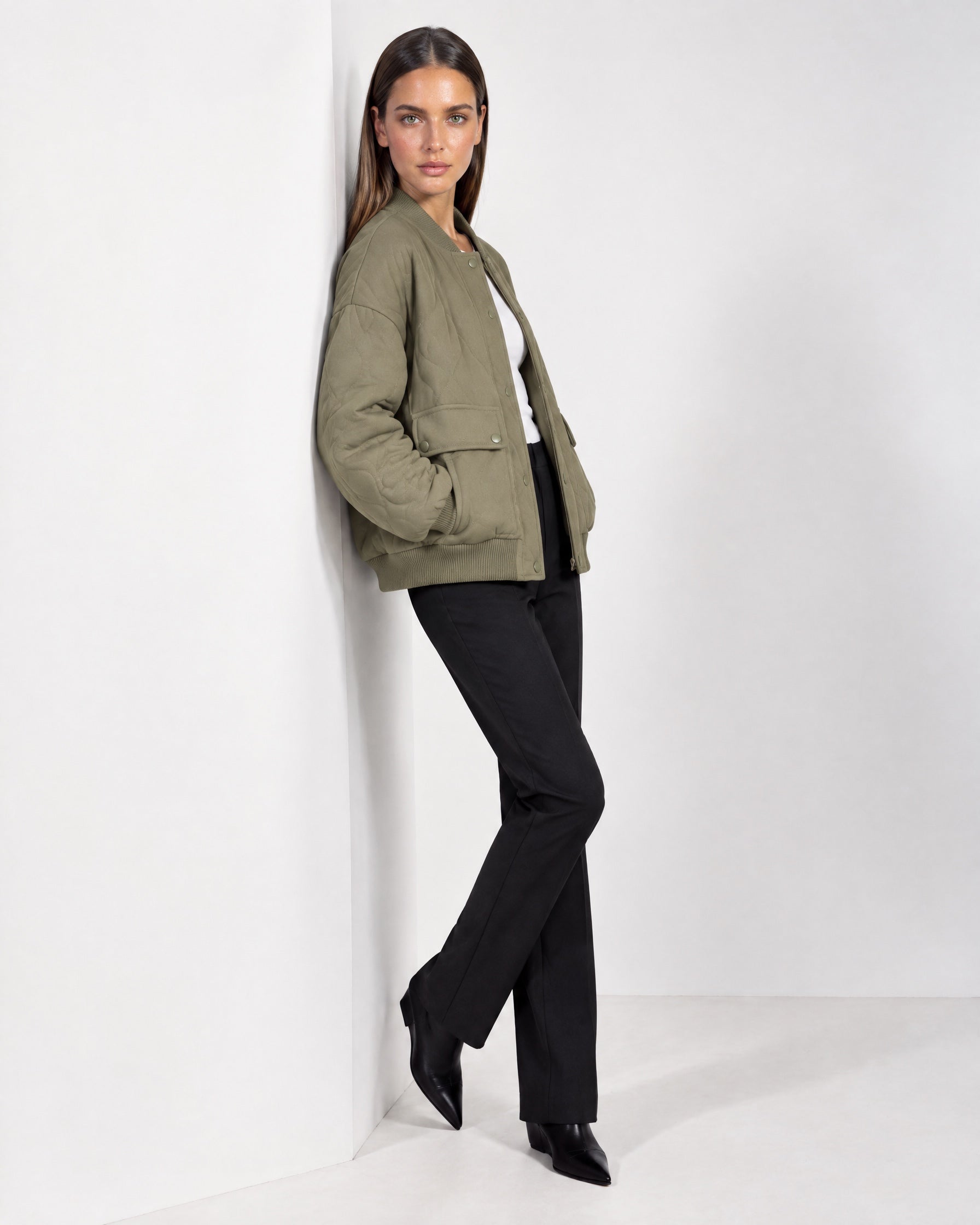 Khaki Quilted Jacket Oversized Bomber Jacket with Ribbed Collar and Snap Front