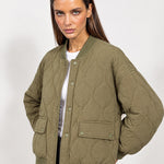 Khaki Quilted Jacket Oversized Bomber Jacket with Ribbed Collar and Snap Front
