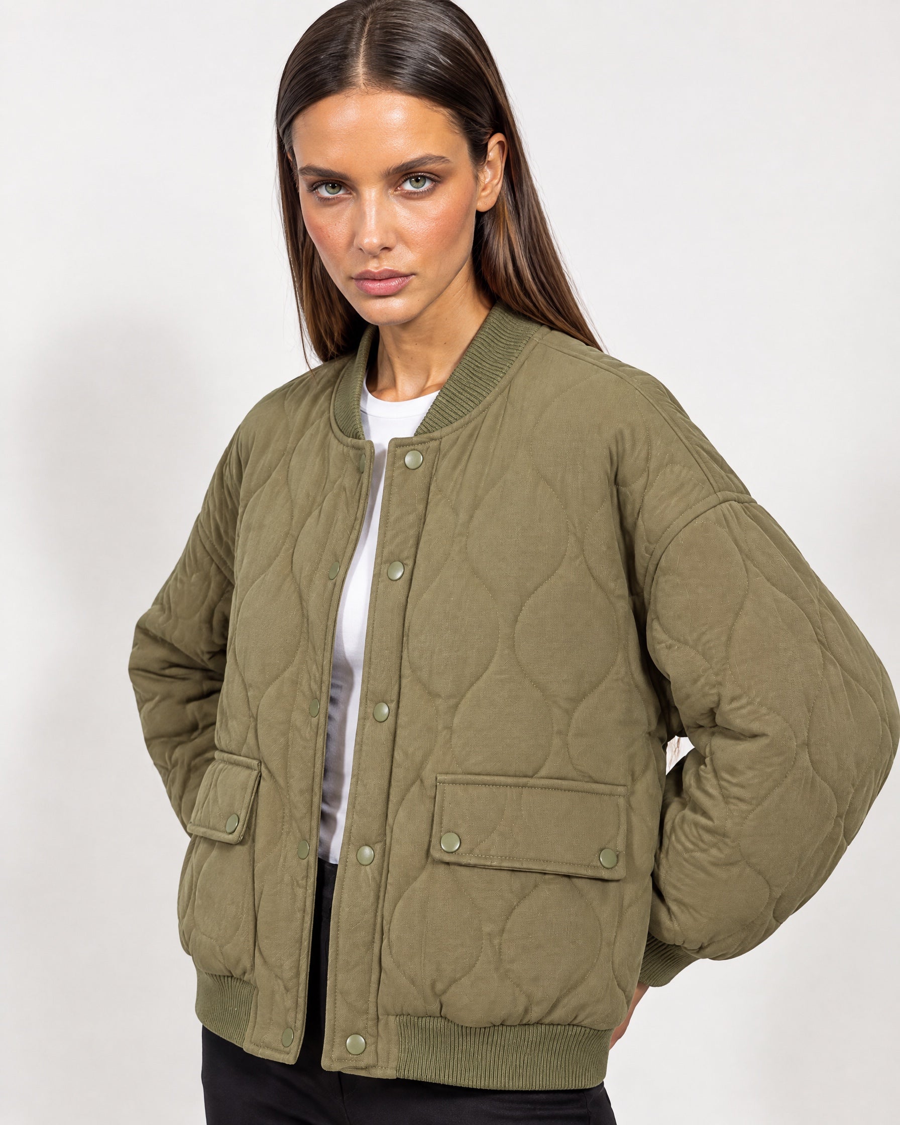 Khaki Quilted Jacket Oversized Bomber Jacket with Ribbed Collar and Snap Front