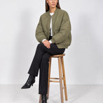 Khaki Quilted Jacket Oversized Bomber Jacket with Ribbed Collar and Snap Front