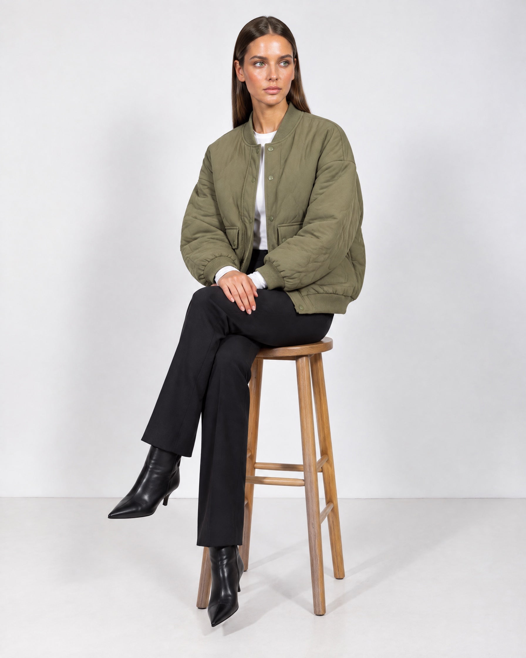 Khaki Quilted Jacket Oversized Bomber Jacket with Ribbed Collar and Snap Front