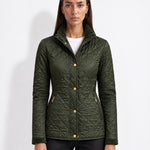 Green Quilted Jacket Womens Fitted Padded Jacket with Gold Buttons and Cord Collar