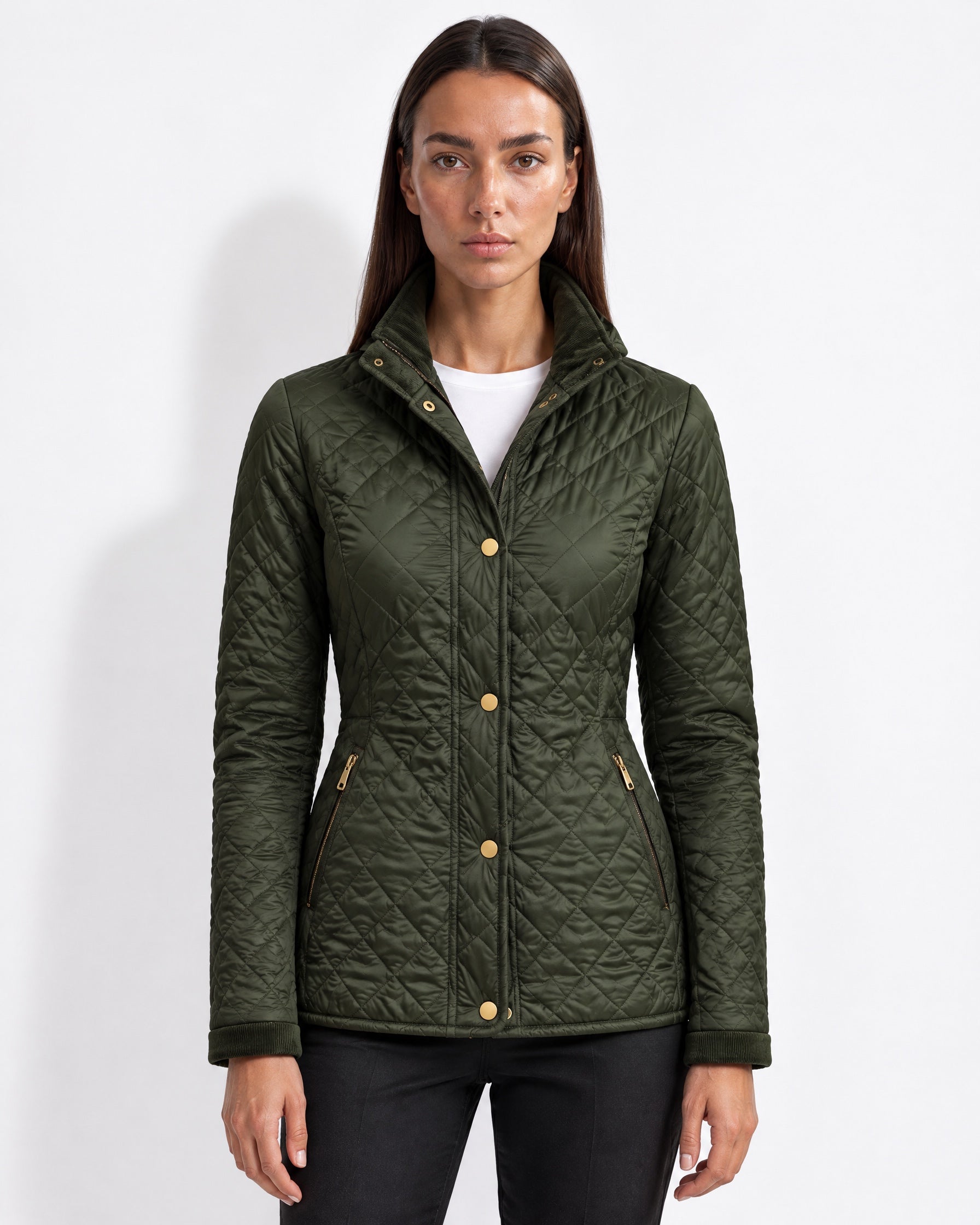 Green Quilted Jacket Womens Fitted Padded Jacket with Gold Buttons and Cord Collar