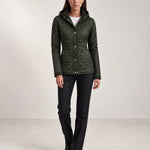 Green Quilted Jacket Womens Fitted Padded Jacket with Gold Buttons and Cord Collar