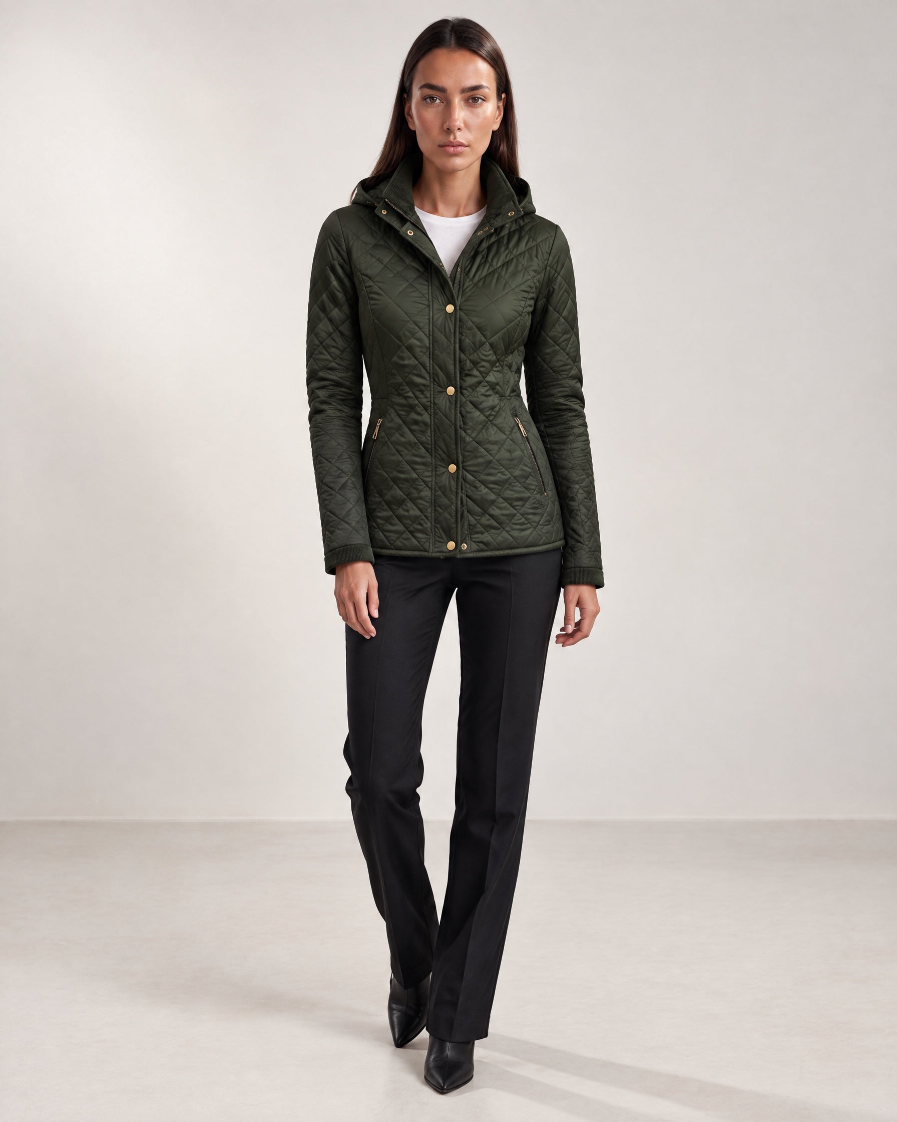 Green Quilted Jacket Womens Fitted Padded Jacket with Gold Buttons and Cord Collar