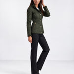 Green Quilted Jacket Womens Fitted Padded Jacket with Gold Buttons and Cord Collar